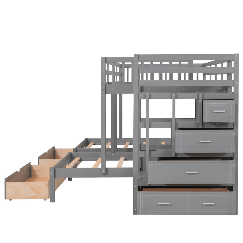 Full Over Twin Bunk Bed, Wood Triple Bunk Bed with Drawers and Guardrails,Gray