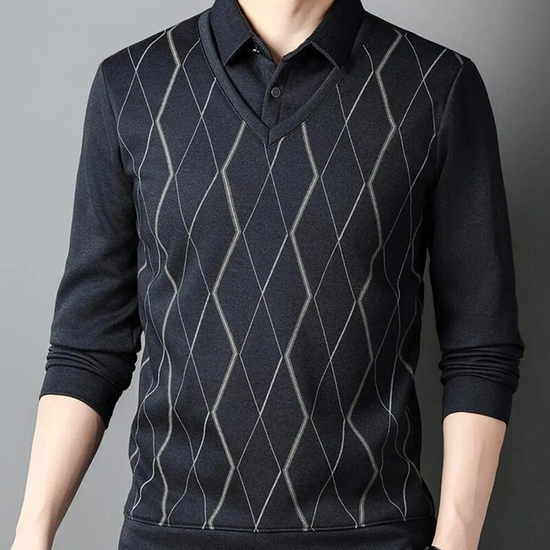 Rhombus Print Sweater Herren Rhombus Print gefälschter zweiteiliger Pullover warmer Strick pullover für Herbst Winter Slim Fit für Kinder mittleren Alters