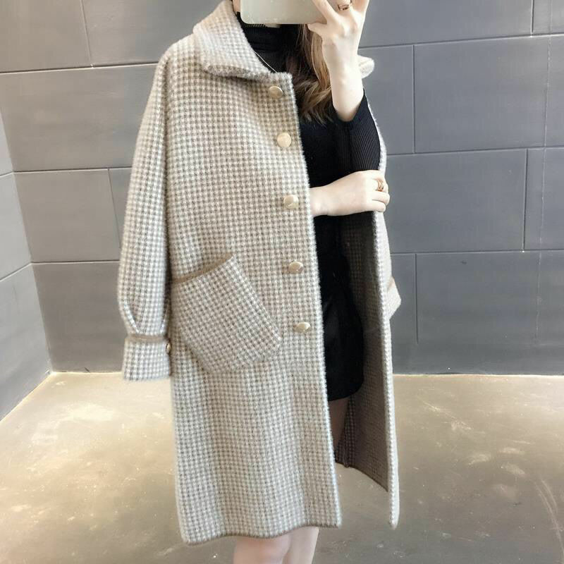 Casaco feminino com cardigã de malha Houndstooth, casaco de lã solto, manga lanterna, imitação de lã, moda casual, outono inverno, 2023
