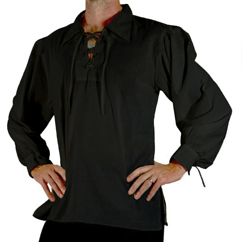 Camisas e blusa retrô casual com gola lapela masculina, traje gótico vitoriano medieval, camisa de manga comprida, camisa de amarração masculina
