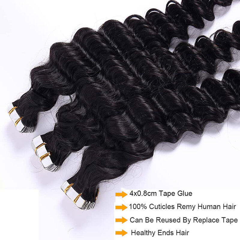 Extensions de cheveux humains Deep Wave pour femmes noires, 100% Remy Humen Hair, bande de trame de peau, noir naturel # 1B, 16-26 pouces