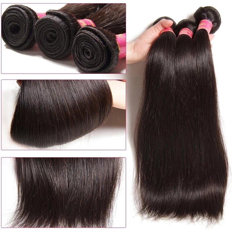 Nadula Hair 3 Bundles With 2Pcs Closures Peruvian Straight Human Hair Bundles With Lace Closure 100% Remy Hair with Closure 4*4