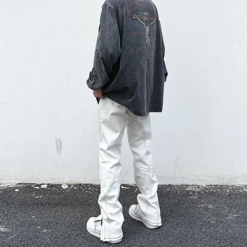 กางเกงยีนส์ผู้ชาย Hip Hop สีขาวกางเกงหลวมด้านซิปแบบสบายๆกางเกงยีนส์ชายกางเกงกางเกงยีนส์ Streetwear ขากว้าง Vintage