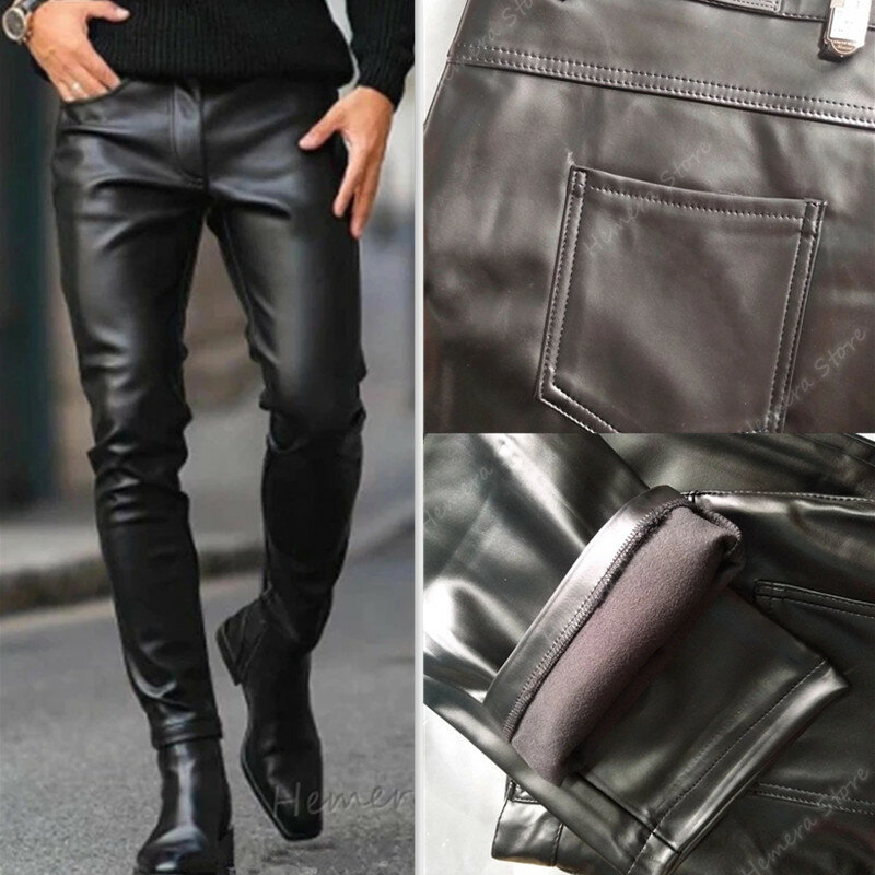 Прямая поставка, кожаные брюки для мужчин, эластичные модные брюки из искусственной кожи, уличная одежда, весна-осень 2023, мотоциклетные брюки