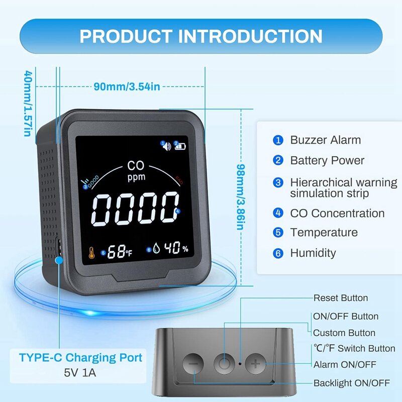 Black Carbon Monoxide Detector, temperatura, umidade, CO, PTH-9D, 3 em 1