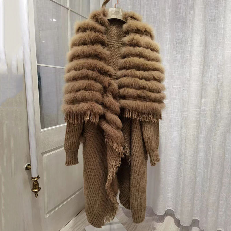 Женское вязаное пальто из лисьего меха, свободное осеннее трикотажное пальто большого размера с длинным рукавом, элегантные шерстяные пальто в европейском стиле