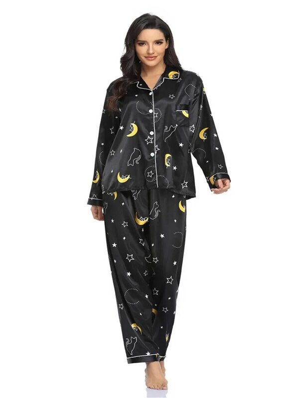 Conjunto de pijamas de manga comprida feminino, seda sintética, pijamas cetim, botões, primavera, verão, Homewear, estampa, 2 peças