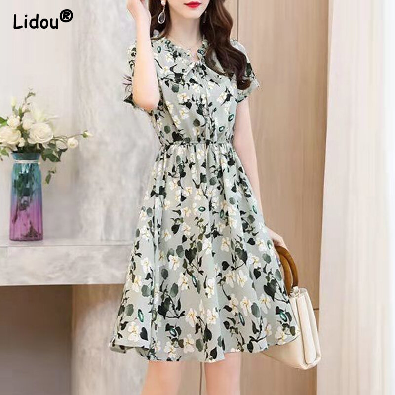 Fashion Empire Floral Print Short Sleeve V-neck Dress Hot Selling Casual Popularity Wild Refreshing Skirt Women's Clothing 2022