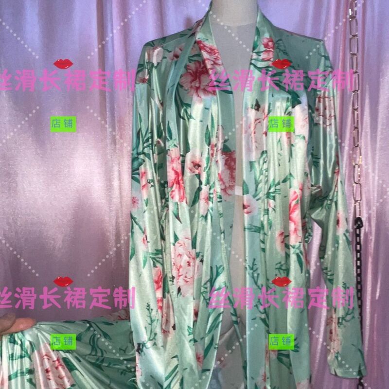 Autumn Spring Glossy Women Satin Long Sleeve Cardigan Dress Loose Lace Up Maxi Dress Plus Size Sleeping Robe