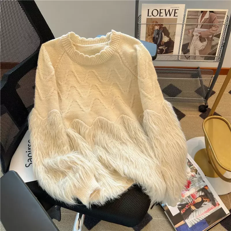 Senior Sense Soft Waxy Round Neck Fringed Mink Cashmere Lazy Wind Sweater With Retro Design Pullover Stitching Sweater