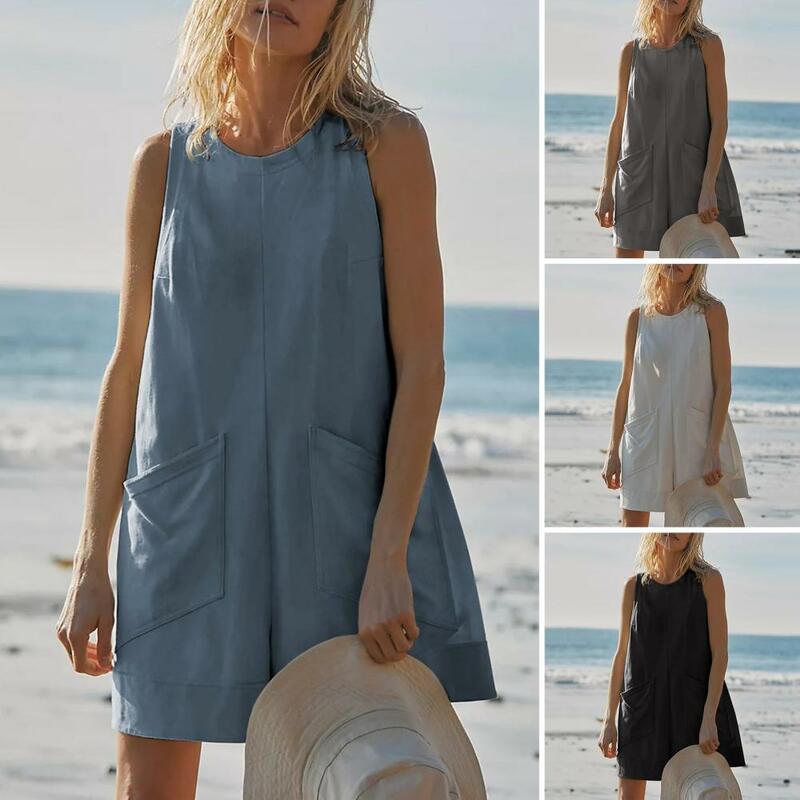 Oversized Romper Stylish Summer Romper with Deep Pockets Hollow Out Back Women's Sleeveless Casual Daily Short Jumpsuit Wide Leg