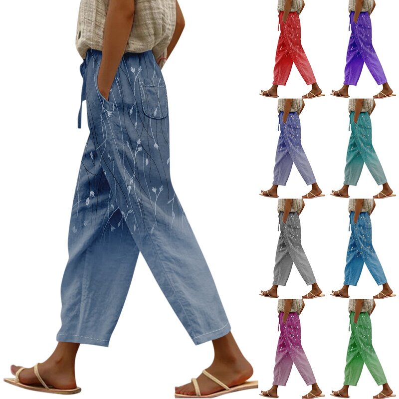 Pantalones con estampado de lino para mujer, ropa informal holgada con Bolsillos y cordón, cintura elástica, transpirable