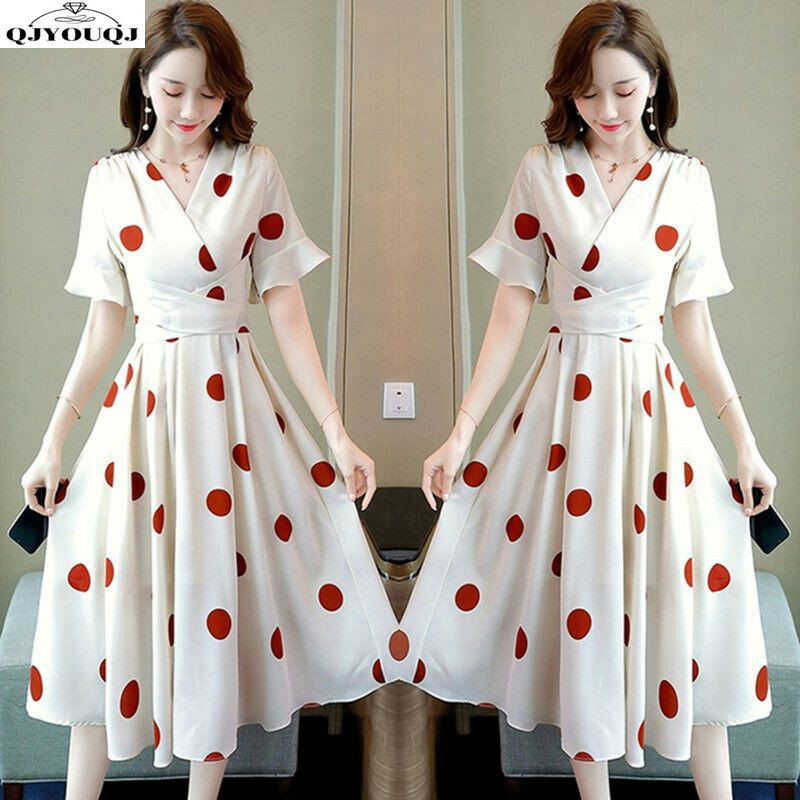 Wiosna/lato koreańskie wydanie nowa szyfonowa sukienka w kropki z dekoltem w szpic sukienka z nadrukiem średniej długości wyszczuplająca talia