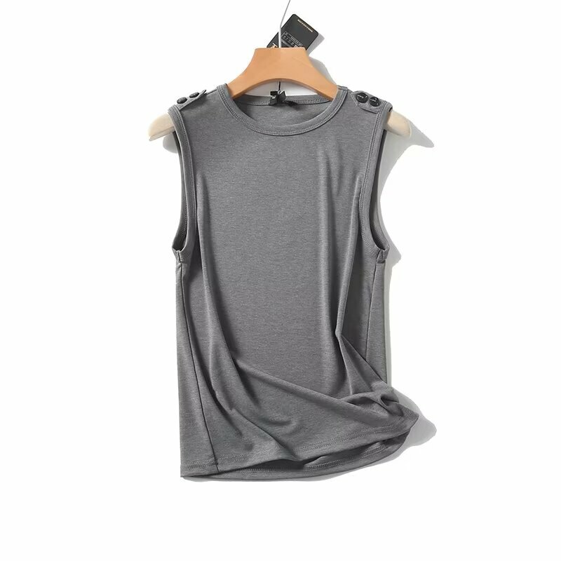 Camiseta feminina minimalista básica com gola redonda regata, monocromática, botões no ombro, moda verão, apto para o verão