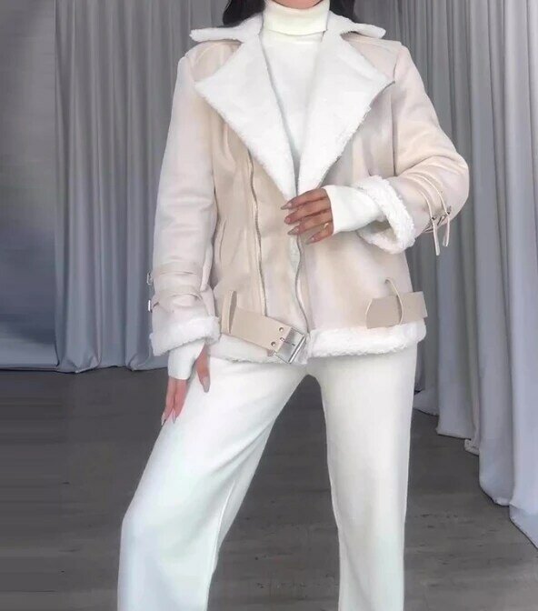 Moda damska kołnierzyk Polo wszechstronna wełna styl motocyklowy kurtka ze skóry sztucznej kobieta z długim rękawem zima luźna płaszcz na co dzień