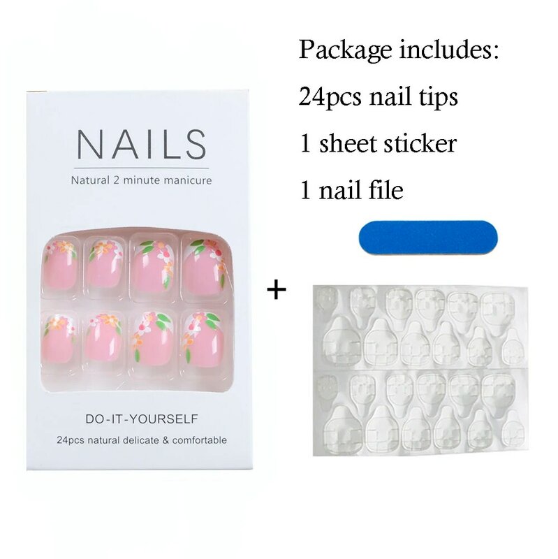 24 pz/scatola stampa acrilica in stile primaverile sulle unghie punte per unghie francesi copertura completa foglia di fiore unghie finte artificiali