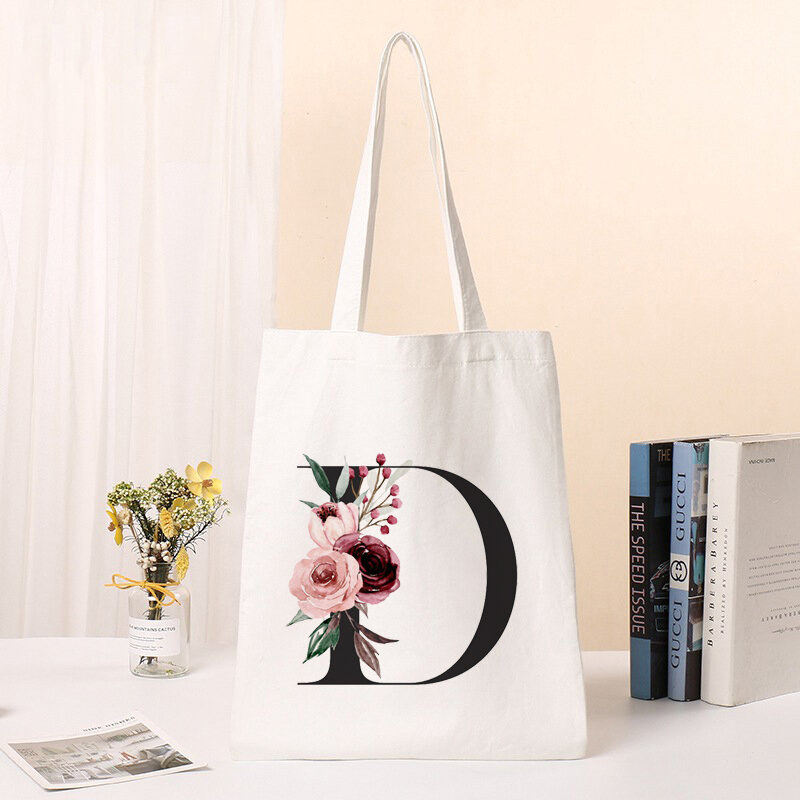 Bolso de hombro con estampado de letras y flores para mujer, bolsa de lona de gran capacidad, color blanco, a la moda, de viaje, para compras