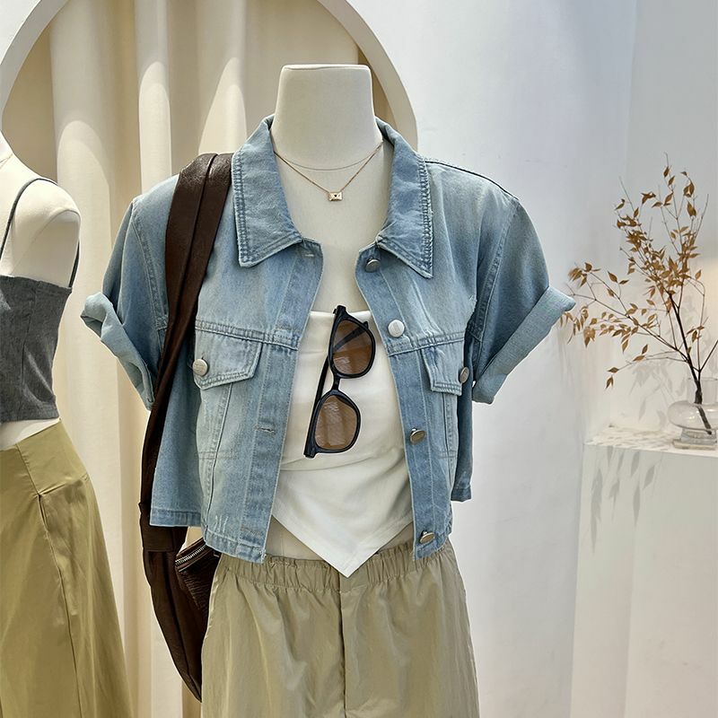 レディースデニムジャケット,ルーズフィッティング,シングルブレスト,半袖,韓国ファッション,2023