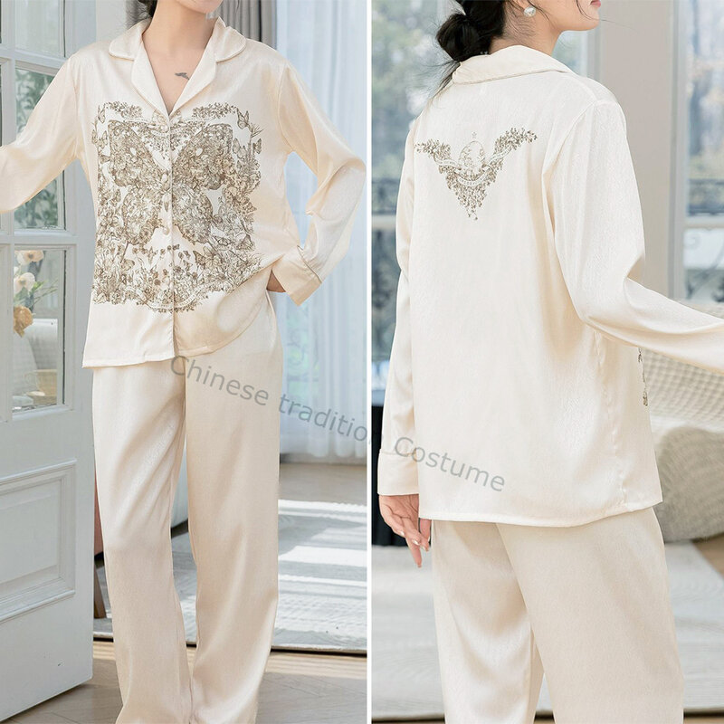 Pyjama en satin imprimé papillon pour femme, tenue de nuit en rayonne trempée, haut et pantalon à manches longues, vêtements pour la maison, 2 pièces