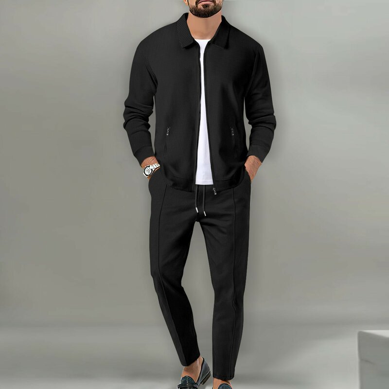 Spring and Fall Men's casual waffle ger zipper pocket long sleeve jacket and pant suit