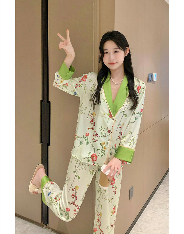 Conjunto de pijamas cetim estampado doce para mulheres, camisa e calça elegante de manga longa, conjuntos de pijamas femininos