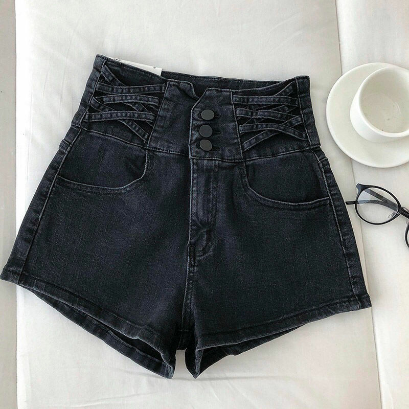 Large Size Women Denim Shorts High Waist Solid Color Slim Fit Single-Breasted Hot Pants Summer Casual Short Jeans Female