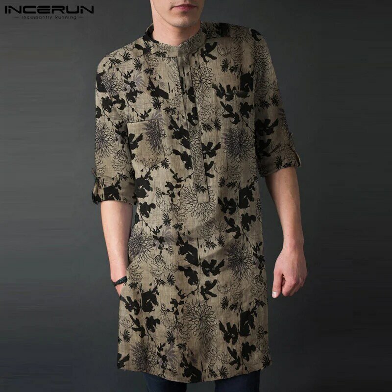 INCERUN Muslim Style Shirts Robe New Men's Floral Printing Three Color Standing Neck Mid length Medium Sleeve Blouse S-5XL 2023