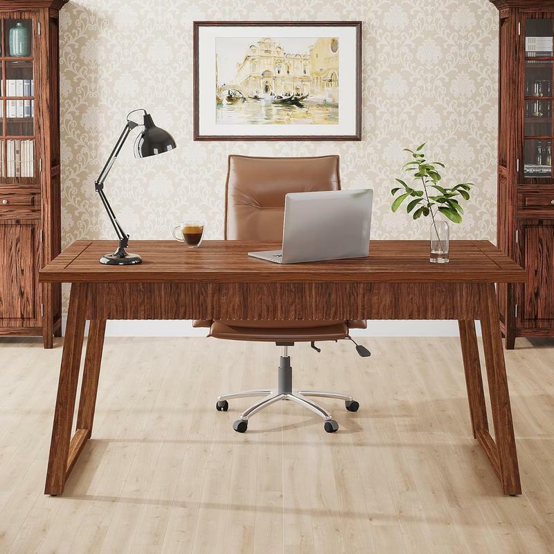 Tribesigns 55" Wood Executive Desk, Mid-Century Modern Design, Walnut Brown