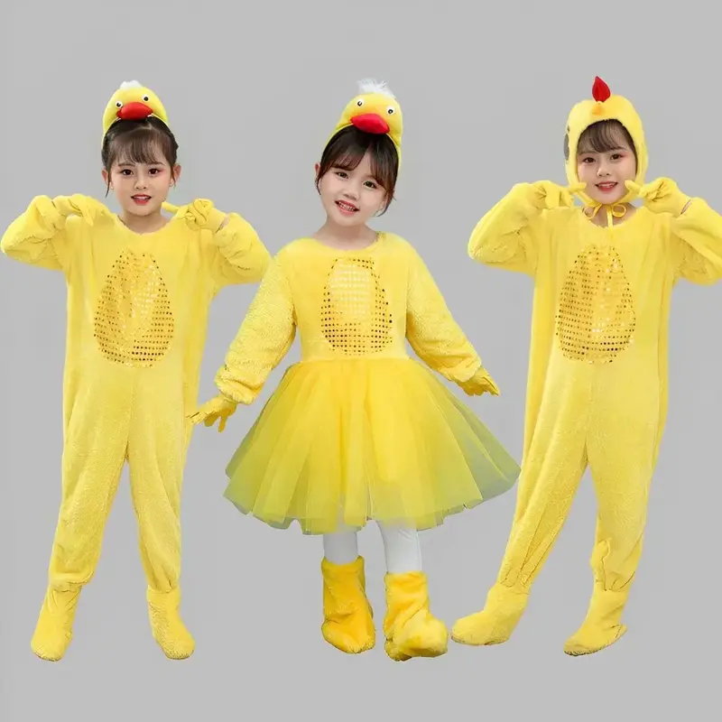 Traje de Cosplay de pato y pollito para niños, disfraz de Animal para niñas y niños, ropa linda de baile de pato amarillo, ganso patito feo