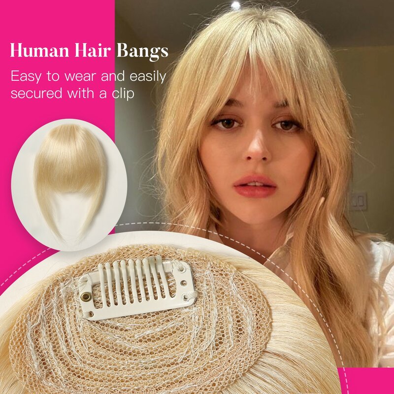 Jasny blond 100% Remy ludzkie przypinana grzywka dla kobiet włosy ludzkie w kolorze blond kawałki klipsy w francuskiej grzywce 1,5 cali/15g ludzkich włosów
