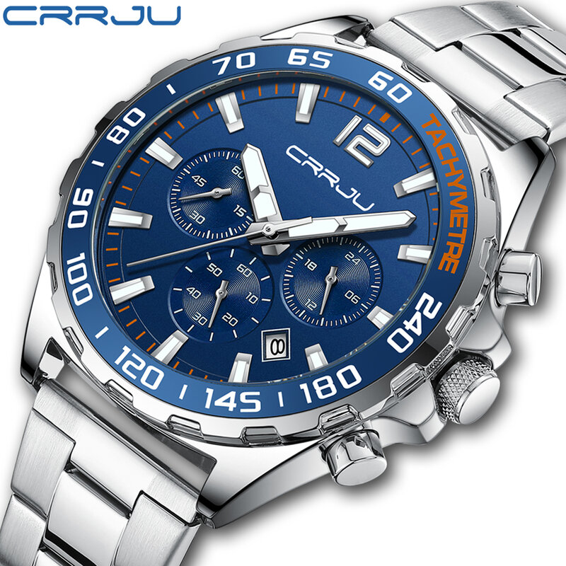 CRRJU นาฬิกาผู้ชายสำหรับ MenTop แบรนด์ Big Dial สแตนเลสกันน้ำ Chronograph นาฬิกาข้อมือวันที่ Reloj Hombre