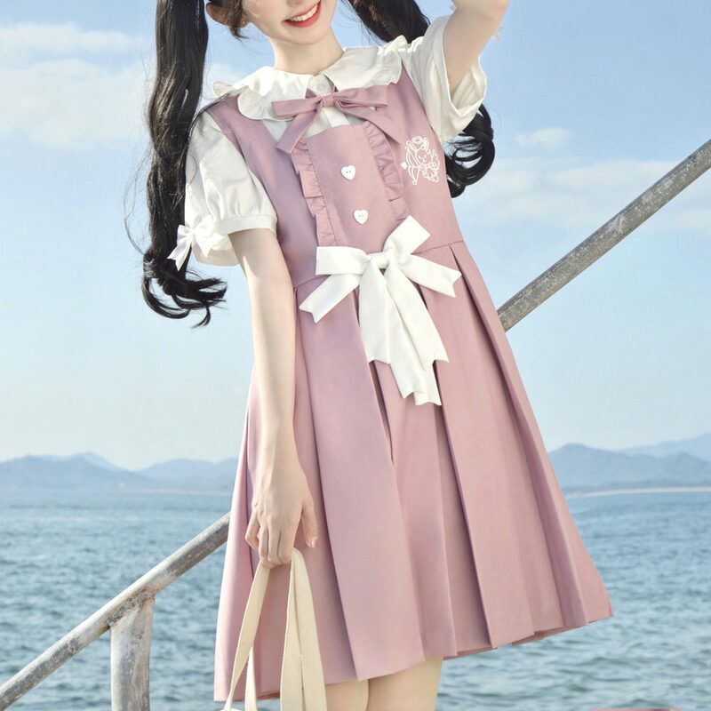 Jupe de protection des seins de lapin mignon pour femme, uniforme JK à manches courtes, ensemble de robe, tenues scolaires japonaises brodées, noir et blanc
