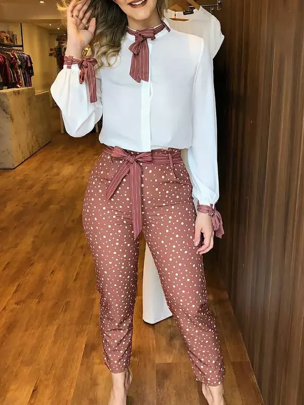 Wiązany top i spodnie z nadrukiem w kropki Casualowe damskie zestawy dwuczęściowe Stroje Letnia odzież robocza do biura