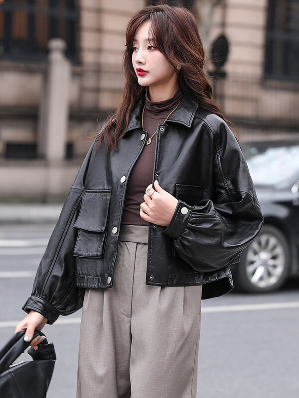 Jaket Kulit Korea Hitam Mode Musim Dingin Wanita Jaket Moto Biker Kancing Tertutup Saku Streetwear Wanita Mantel Kasual Longgar