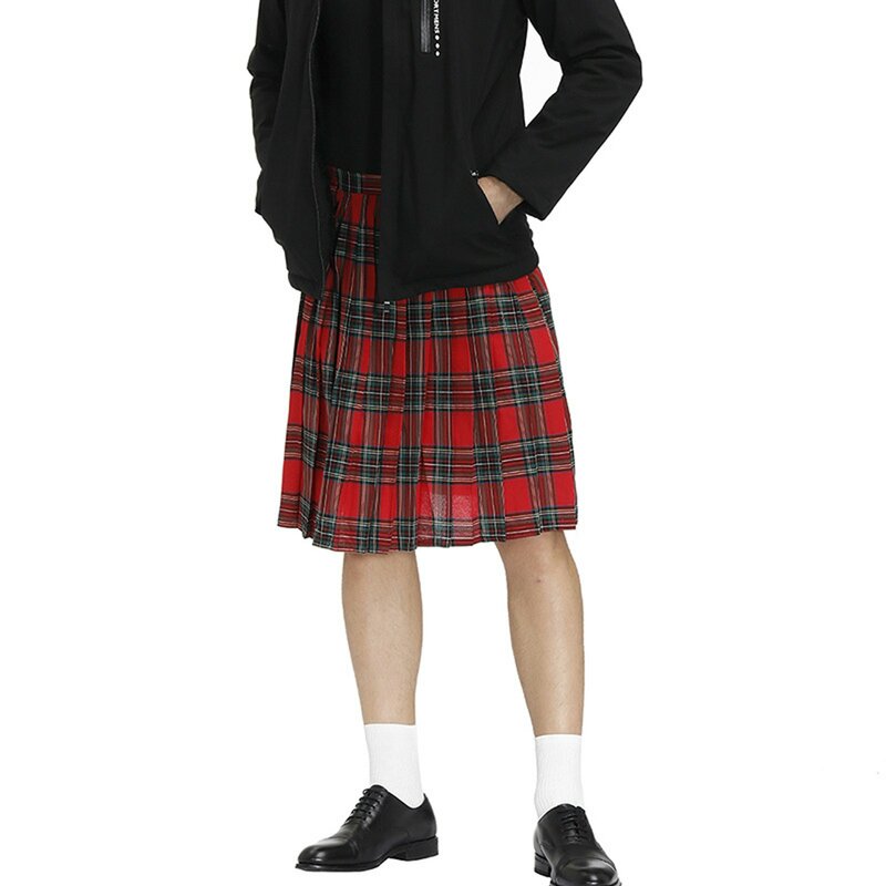 Mens Fashion Casual Vintage Skirt Scottish Style Plaid Contrast Waistband Pleated Skirt Traditional Stage Performance Costumes
