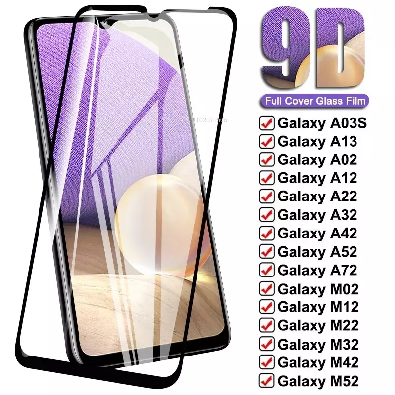 Filme de vidro temperado para Samsung Galaxy, protetor de tela, 9D, A02, S, A12, A22, A32, A52, M02, M12, M62, A42, A72, A 22 32, 5G, M02S, A01