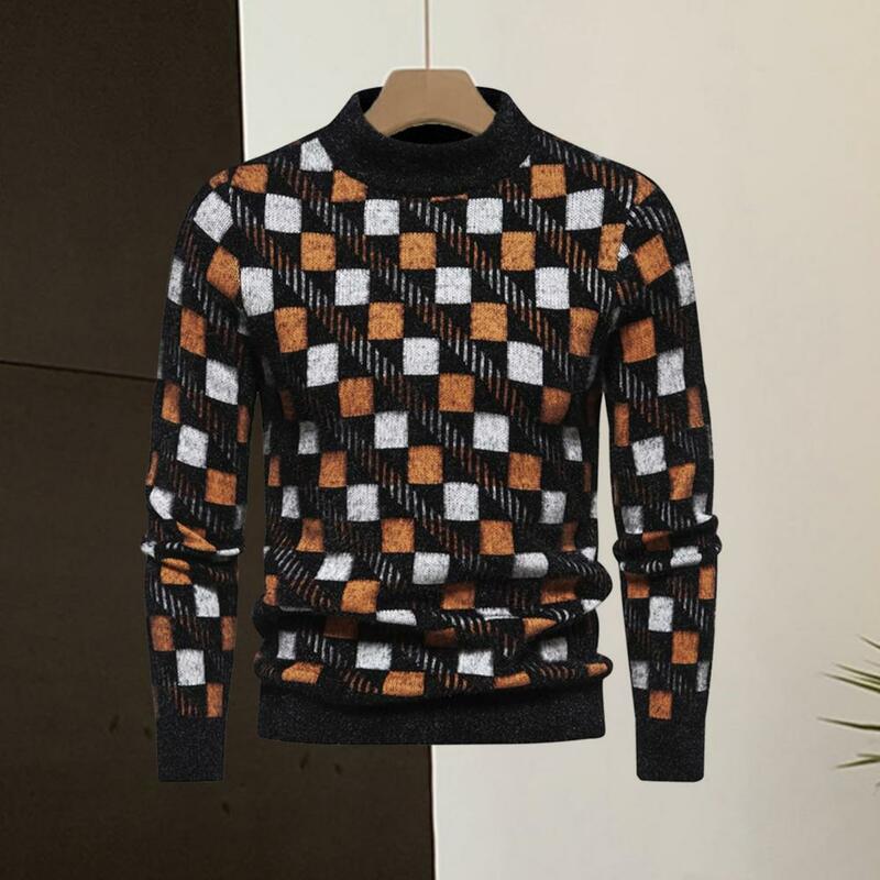 Long Sleeve Men Sweater Geometric Print Plush Men's Sweater Warm Round Neck Pullover for Business Casual Wear Men Round Neck
