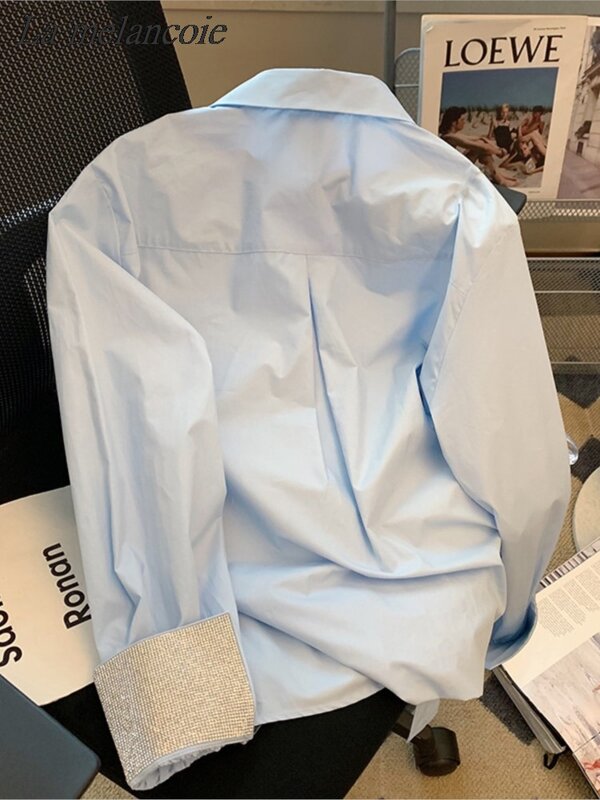 Camisas de empalme azules para mujer, blusas informales holgadas de algodón, camisa de manga larga con botones de gran tamaño a la moda, primavera y verano, 2024