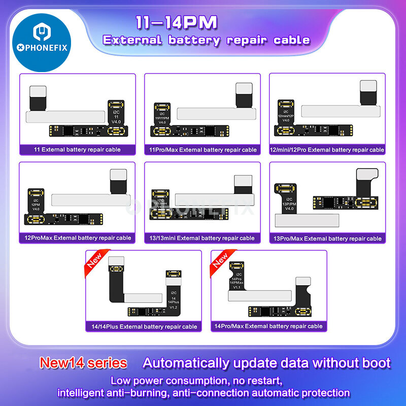 I2C BR-13 배터리 플렉스 케이블 데이터 교정기, 아이폰 11, 12 프로, 13, 14 배터리 교정 용량, 효율성 재설정 수정