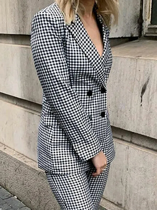 Blazer xadrez com seios duplos feminino, preto e branco da moda, lapela elegante, mangas compridas, jaquetas femininas casuais, moda primavera, 2024