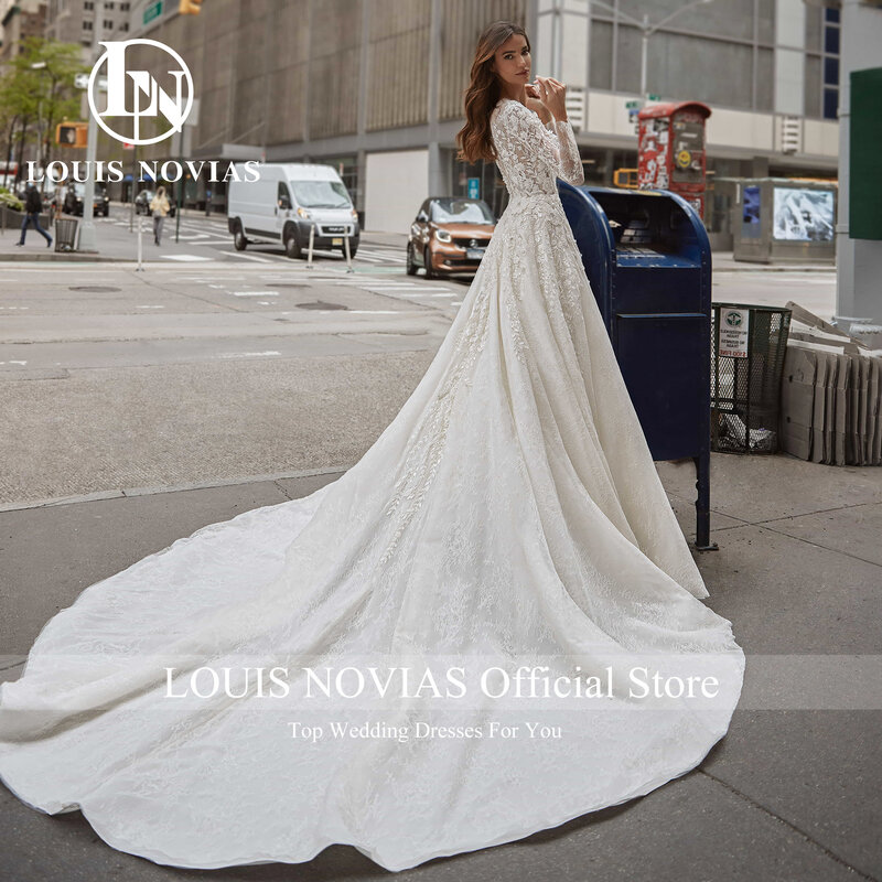 Женское свадебное платье со шлейфом LOUIS NOVIAS, белое ТРАПЕЦИЕВИДНОЕ ПЛАТЬЕ со шлейфом, длинными рукавами, блестками и бисером, 2024