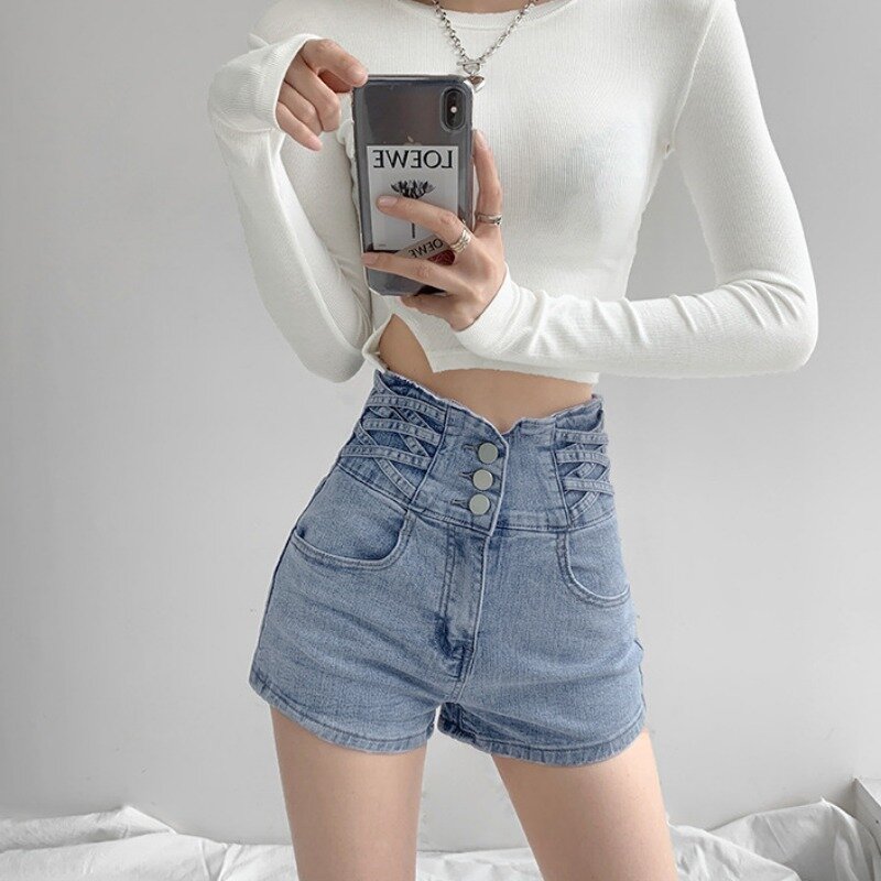 Spodenki damskie jeansowe z wysokim stanem wzór w krzyże koreańskie modne gorące dziewczyny proste pasujące popularne Retro-line Slim Summer Chic