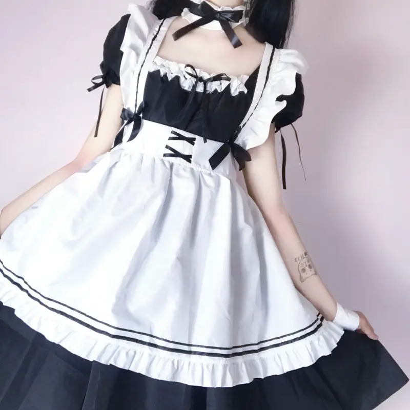 Women Maid Outfit Anime Long Dress Black and White Apron Dress Lolita Dresses Men Cafe Costume Cosplay Costume Горничная Mucama