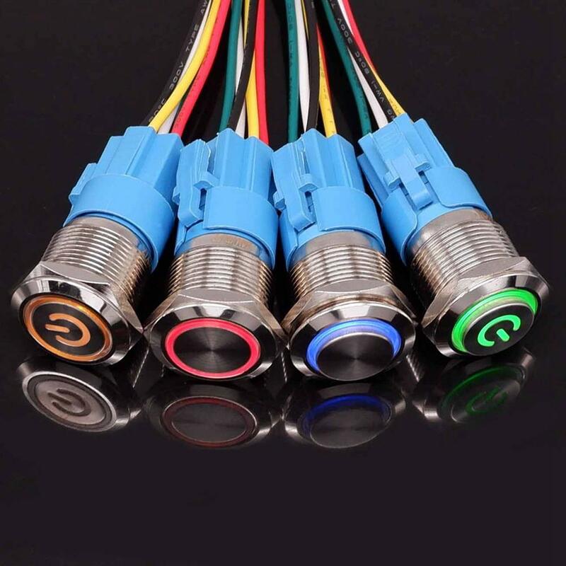 Interruptor de botón de Metal de cabeza plana, 12mm, 16mm, 19mm, 22mm, 1NO1NC, luz LED de inicio y parada, rojo, naranja, azul, verde, blanco, 3v, 12v, 24v, 110v