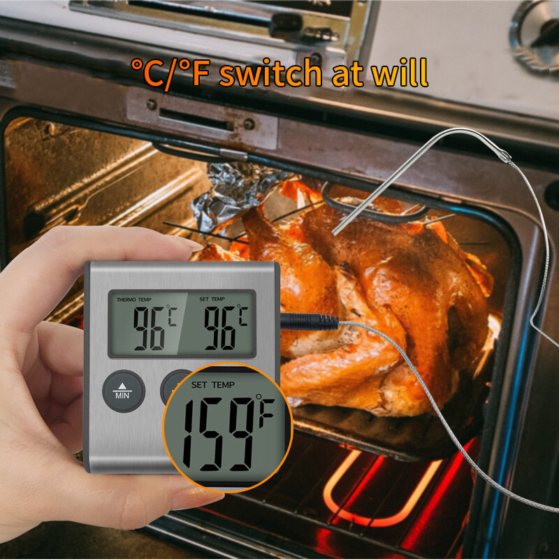 Therye.com-Thermomètre numérique pour la cuisson de la viande et des aliments, fonction minuterie avec sonde, compteur de chaleur pour la cuisine, four, barbecue, gril