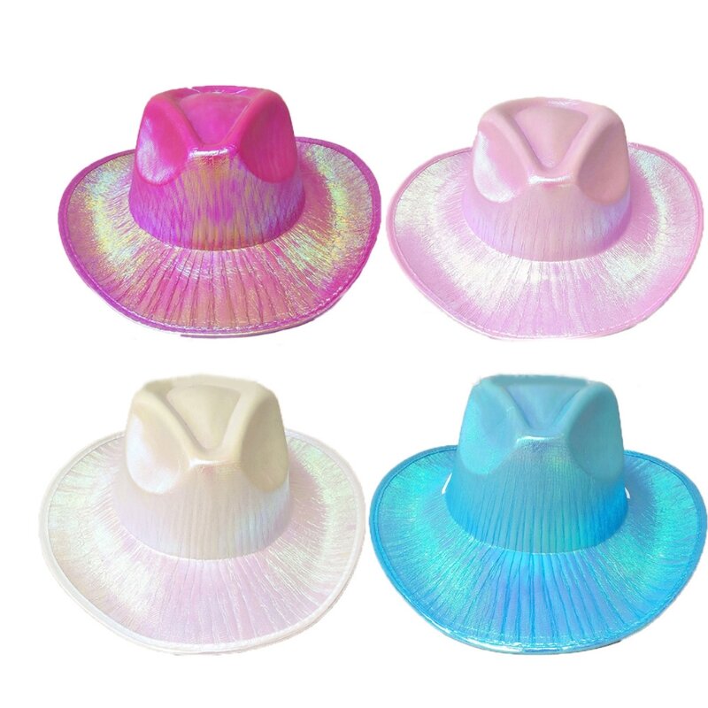 Topi Koboi Pesta Disko Holografik Metalik yang Menyenangkan Topi Koboi Berkilau Merah Muda