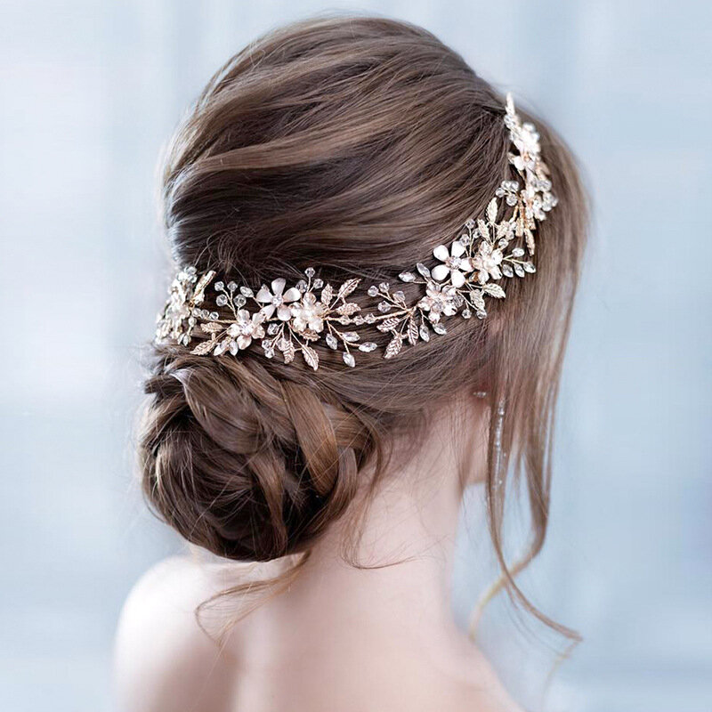 Bando emas perhiasan pengantin, ikat kepala daun gaun Pernikahan Aksesori pita rambut 1 buah