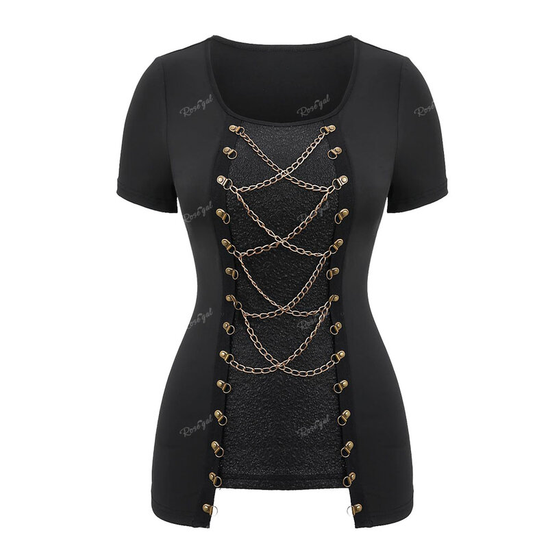 ROSEGAL Plus Size Gothic Chain Lace Up Patchwork T-shirt Black Women's Top High Stretch Square Neck Tees