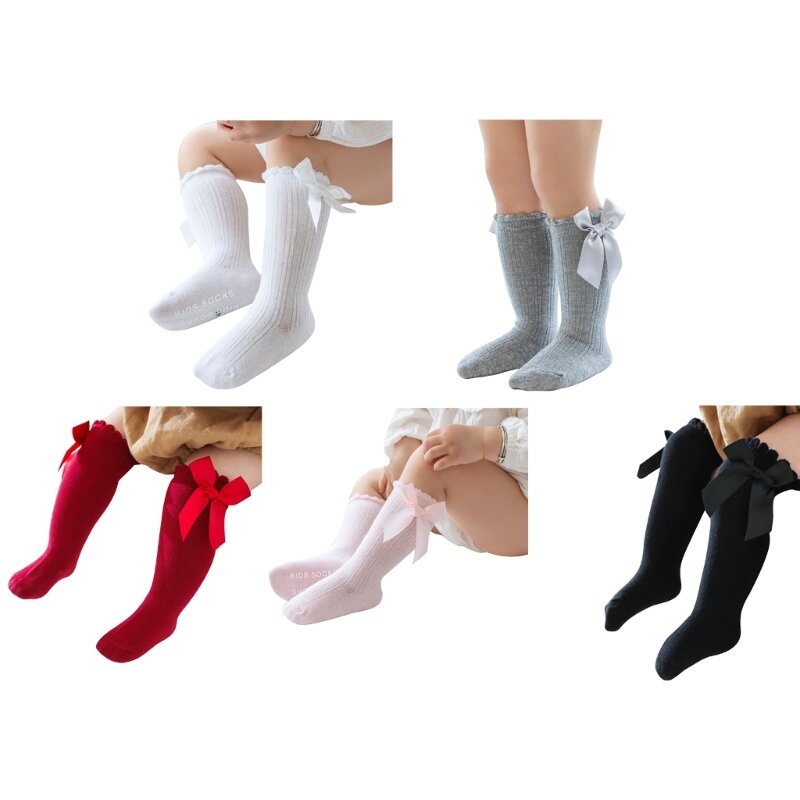 Calze colorate al ginocchio per neonate calze a fiocco lavorate a maglia in cotone per 0-3 anni DropShipping