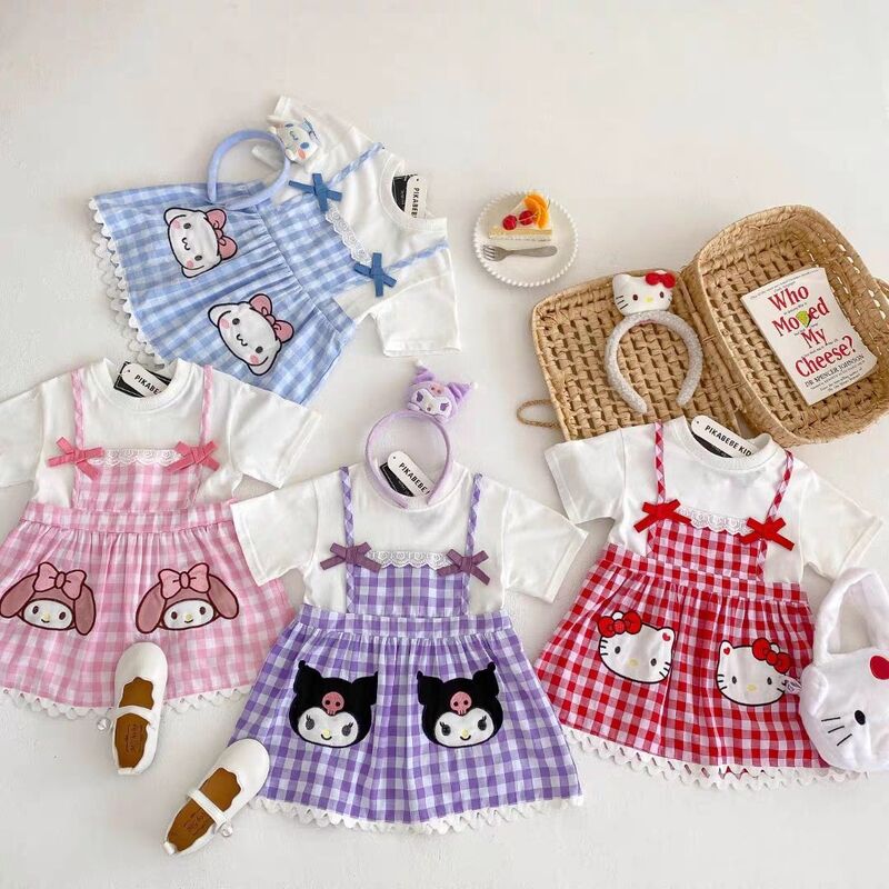 Sanurgente Hello Kitty Cinnamoroll Robes pour enfants, T-shirt mignon My Melody Kuromi, Robe de princesse pour bébé fille, Dos de dessin animé, Manches courtes